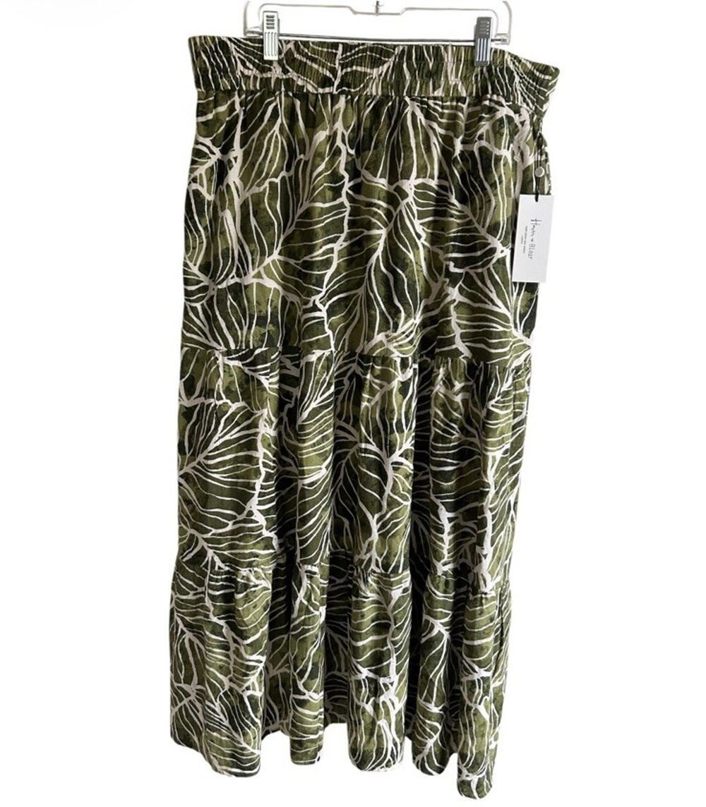 Haver & Blair Tiered Maxi Skirt Women’s XL Green Leaf Print Linen Blend NWT